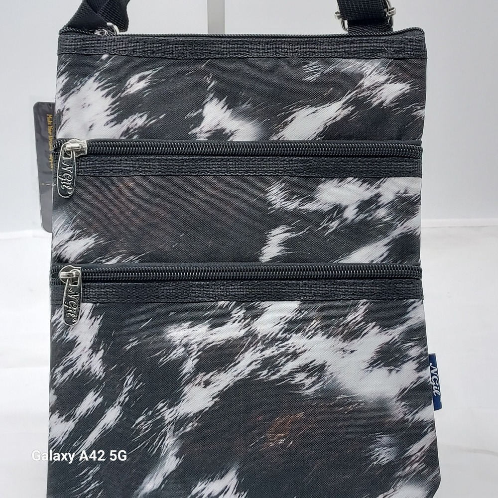 N Gil Cow Print Crossbody Bag Black White Multi Zip Travel Purse CQW231-BLK